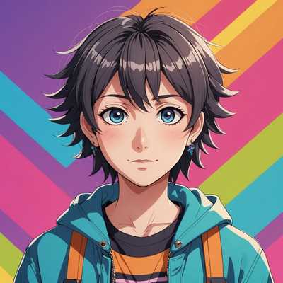 Ein junger Anime-Charakter mit großen, ausdrucksstarken Augen, der einen fröhlichen und selbstbewussten Ausdruck zeigt. Der Charakter hat kurzes, zerzaustes Haar mit lebendigen, bunten Akzenten. Er trägt lässige, trendige Kleidung mit markanten, hellen Mustern und Accessoires. Der Hintergrund ist ein einfacher Farbverlauf, der die Merkmale des Charakters betont und ihn deutlich hervorhebt. Der Gesamtstil ist lebendig und dynamisch, typisch für moderne Anime- und Manga-Illustrationen.