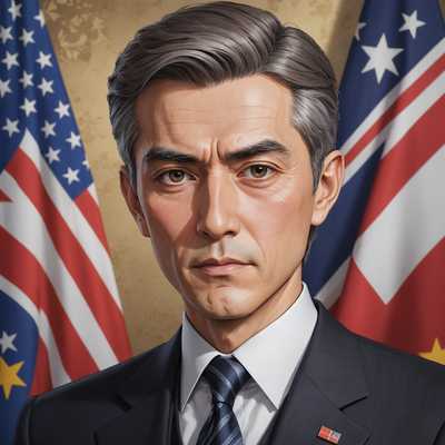 Das Bild zeigt ein Anime-Porträt eines Präsidenten. Die Figur hat jugendliche Züge, die für Anime-Kunst typisch sind, mit großen, ausdrucksstarken Augen und einem glatten Teint. Sie ist in formeller Kleidung gekleidet, wahrscheinlich ein Anzug und eine Krawatte, was ein Gefühl von Autorität und Eleganz vermittelt. Der Hintergrund könnte Elemente enthalten, die auf eine Regierungs- oder offizielle Umgebung hinweisen, wie z.B. Nationalflaggen, Embleme oder ein anspruchsvolles Interieur. Die Illustration ist reich an Details, mit sorgfältig gerendertem Haar, Gesichtsausdrücken und Kleidungstexturen, die eine Mischung aus Realismus und stilisierter Anime-Kunst betonen.