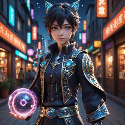 Eine realistische 3D-Darstellung eines Charakters im Anime-Stil. Der Charakter hat lebendige, ausdrucksstarke Augen und detaillierte Gesichtszüge. Die Szene spielt in einer lebhaften Umgebung, mit magischen Elementen wie leuchtenden Kugeln oder ätherischen Lichtspuren, die den Charakter umgeben. Die Kleidung des Charakters ist aufwendig und kombiniert zeitgenössische und fantasievolle Elemente, wie ein modernes, stilisiertes Outfit mit magischen Accessoires. Der Hintergrund kann urbane oder fantastische Merkmale enthalten und trägt zur verzauberten, überirdischen Atmosphäre bei. Die Gesamtkomposition ist lebendig, mit einem dynamischen Zusammenspiel von Licht und Schatten, das den magischen Realismus der Szene verstärkt.