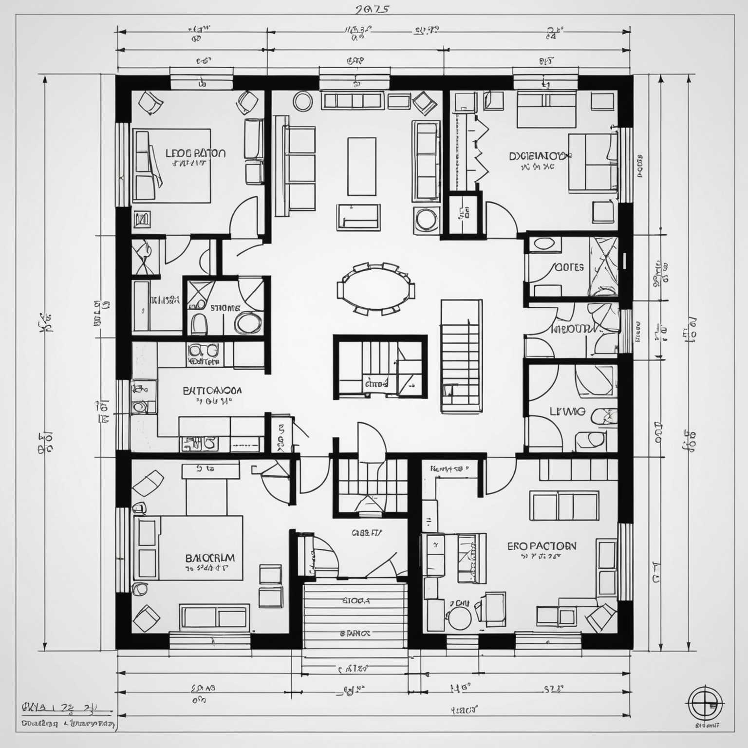 Das Bild zeigt einen detaillierten architektonischen Grundriss eines Gebäudes. Es umfasst das Layout verschiedener Zimmer, Flure und Räume, die jeweils mit spezifischen Abmessungen und Beschriftungen versehen sind. Präzise Linien zeigen Wände, Türen und Fenster an. Symbole und Anmerkungen kennzeichnen verschiedene Elemente wie Treppenhäuser, Badezimmer, Küchen und Versorgungsbereiche. Die Zeichnung enthält auch einen Maßstab für Messungen und möglicherweise einen Kompass zur Orientierung. Das Gesamtdesign ist technisch, sauber und ordentlich organisiert und spiegelt einen komplexen Bauplan wider, der in Architektur und Bauwesen häufig verwendet wird.