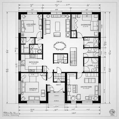 Das Bild zeigt einen detaillierten architektonischen Grundriss eines Gebäudes. Es umfasst das Layout verschiedener Zimmer, Flure und Räume, die jeweils mit spezifischen Abmessungen und Beschriftungen versehen sind. Präzise Linien zeigen Wände, Türen und Fenster an. Symbole und Anmerkungen kennzeichnen verschiedene Elemente wie Treppenhäuser, Badezimmer, Küchen und Versorgungsbereiche. Die Zeichnung enthält auch einen Maßstab für Messungen und möglicherweise einen Kompass zur Orientierung. Das Gesamtdesign ist technisch, sauber und ordentlich organisiert und spiegelt einen komplexen Bauplan wider, der in Architektur und Bauwesen häufig verwendet wird.