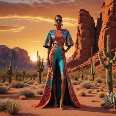 Eine hochdetaillierte 3D-gerenderte Szene eines modebewussten Models, das in einer lebendigen Wüste Arizonas steht. Das Model trägt ein auffälliges Outfit mit kräftigen Farben und futuristischen Mustern, das High-Fashion-Elemente mit natürlichen Wüstentönen verbindet. Im Hintergrund sind ikonische Landschaften Arizonas mit hoch aufragenden roten Felsformationen und einem goldenen Sonnenuntergang am Himmel zu sehen. Der Gesamteindruck ist eine nahtlose Mischung aus zeitgenössischer Kunst und Fotorealismus, die eine traumhafte, aber realistische Atmosphäre schafft.