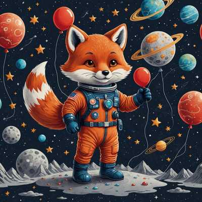 Anthropomorpher Fuchs im Astronautenanzug mit rotem Ballon