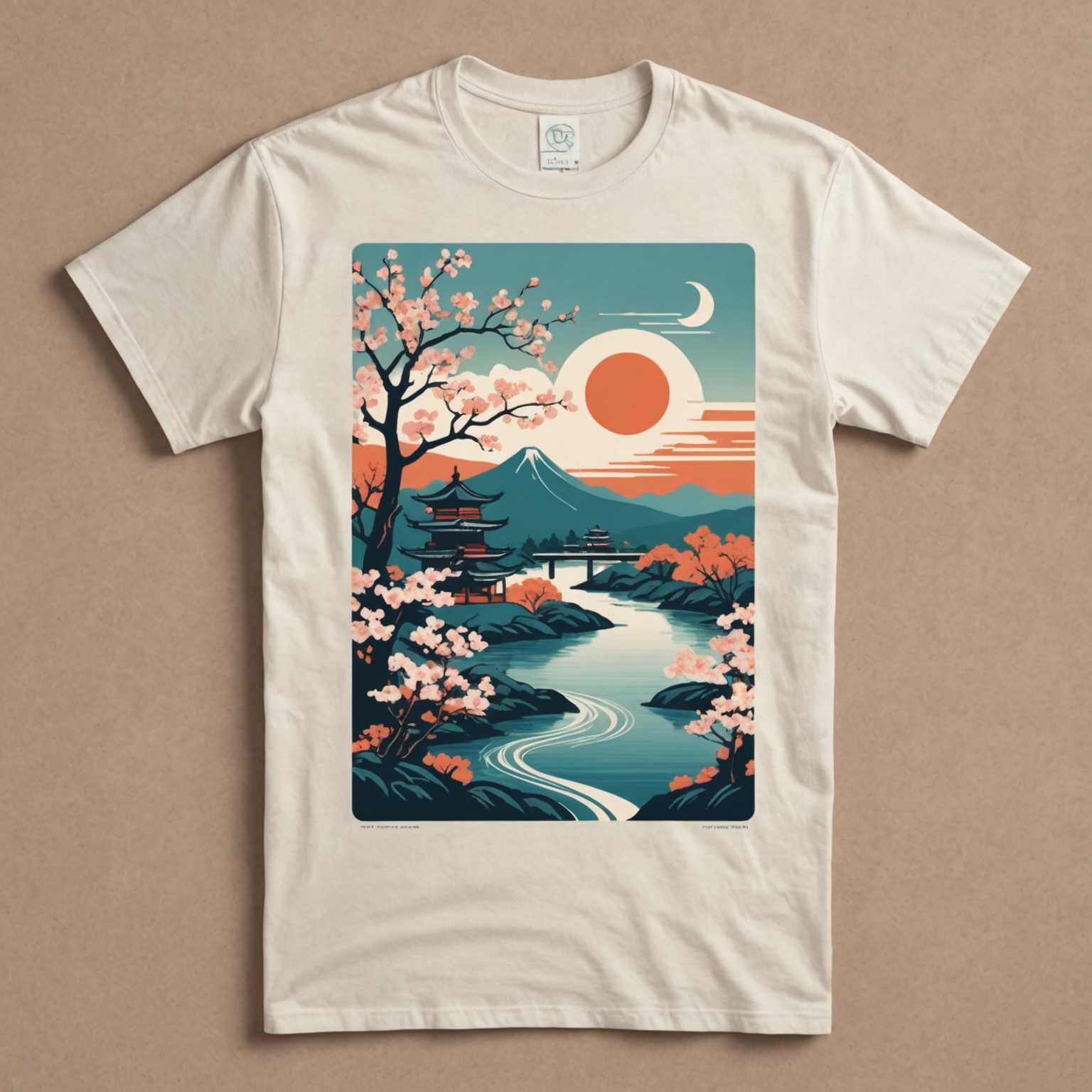 Ein weißes T-Shirt mit einem Retro-Grafikdesign, das von asiatischer Kunst inspiriert ist. Das Design umfasst traditionelle asiatische Elemente wie Kirschblüten, Pagoden und einen gewundenen Fluss unter einem Halbmond. Die Farben sind eine Mischung aus Erdtönen und gedämpften Pastellfarben, was ihm das Aussehen eines Vintage-Reiseposters verleiht. Das T-Shirt hat einen Rundhalsausschnitt und kurze Ärmel. Der Hintergrund ist schlicht, um die Aufmerksamkeit ganz auf das detaillierte Kunstwerk auf dem Shirt zu lenken.