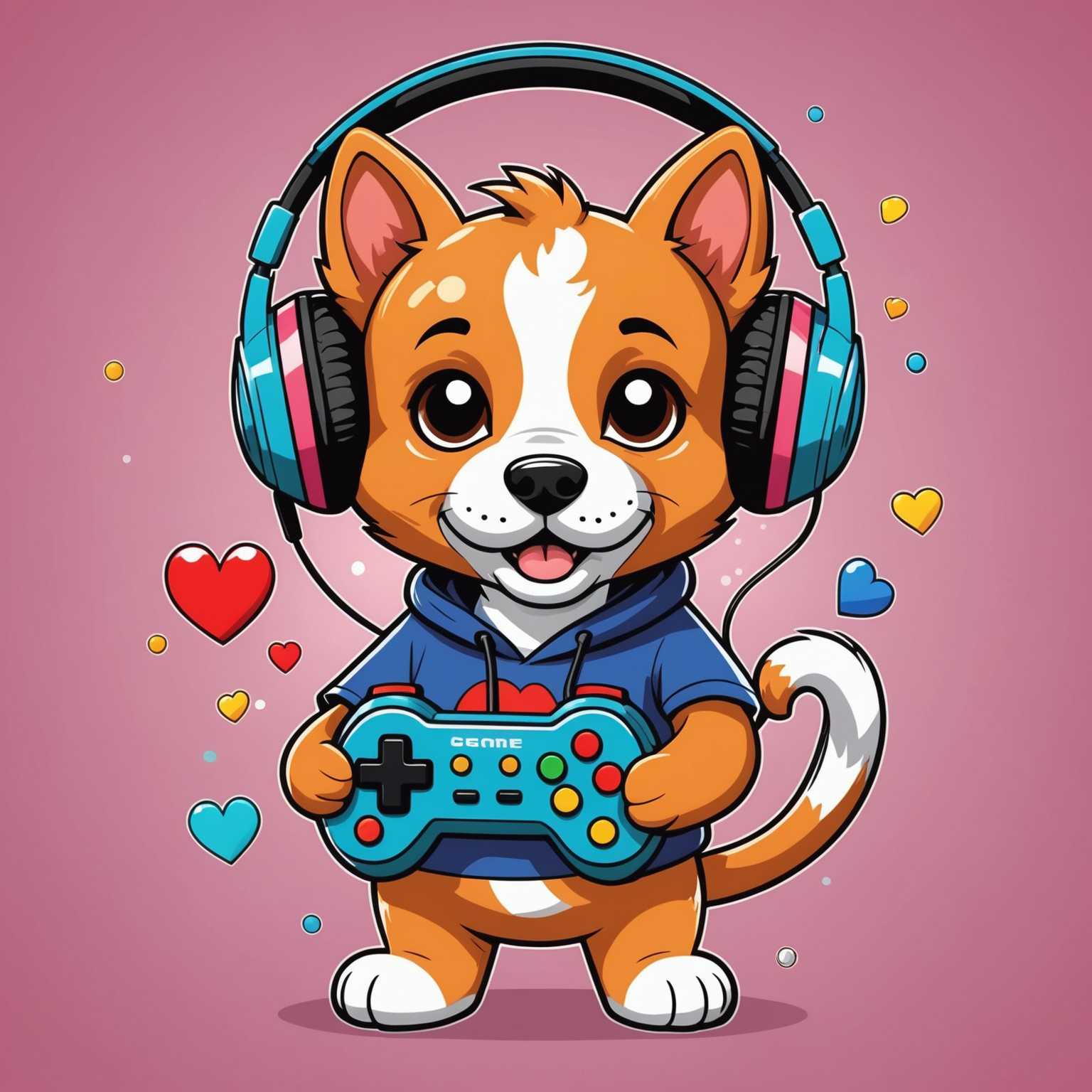 Das Bild zeigt ein T-Shirt mit einem niedlichen Cartoon-Tier, möglicherweise einem Hund oder einer Katze, das Gaming-Kopfhörer trägt und einen Videospiel-Controller hält. Das Tier hat einen begeisterten Ausdruck, und es gibt Elemente, die mit Gaming zu tun haben, wie pixelige Herzen, Joysticks oder Spiele-Icons, die es umgeben. Das Design ist bunt und verspielt und spricht sowohl Tierliebhaber als auch Gamer an.