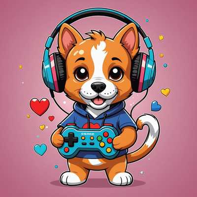 Das Bild zeigt ein T-Shirt mit einem niedlichen Cartoon-Tier, möglicherweise einem Hund oder einer Katze, das Gaming-Kopfhörer trägt und einen Videospiel-Controller hält. Das Tier hat einen begeisterten Ausdruck, und es gibt Elemente, die mit Gaming zu tun haben, wie pixelige Herzen, Joysticks oder Spiele-Icons, die es umgeben. Das Design ist bunt und verspielt und spricht sowohl Tierliebhaber als auch Gamer an.