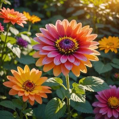 Lebendige Blumenszene: Farbenprächtiger Garten in der Sonne