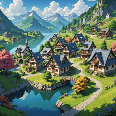 Ein kleines, malerisches Dorf mit charmanten Häusern im Fantasiestil und gewundenen Pfaden, eingebettet zwischen einem See und Bergen in einer Anime-Fantasielandschaft.