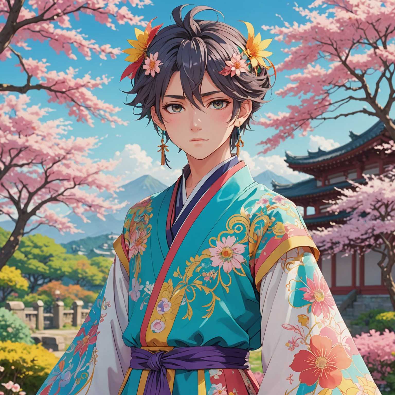 Eine Gruppe lebendiger Anime-Charaktere steht zusammen. Die bunten und aufwändigen Designs ihrer Outfits spiegeln eine Mischung aus traditionellen und modernen Stilen wider. Jeder Charakter hat ein einzigartiges Erscheinungsbild, das verschiedene Frisuren, Augenfarben und Accessoires zeigt. Der Hintergrund ist eine traumhafte, pastellfarbene Szene mit Hinweisen auf die Natur, wie Blüten oder ätherische Lichteffekte. Die Charaktere strahlen Emotionen von Glück und Kameradschaft aus, was die insgesamt lebhafte und bezaubernde Atmosphäre ergänzt.