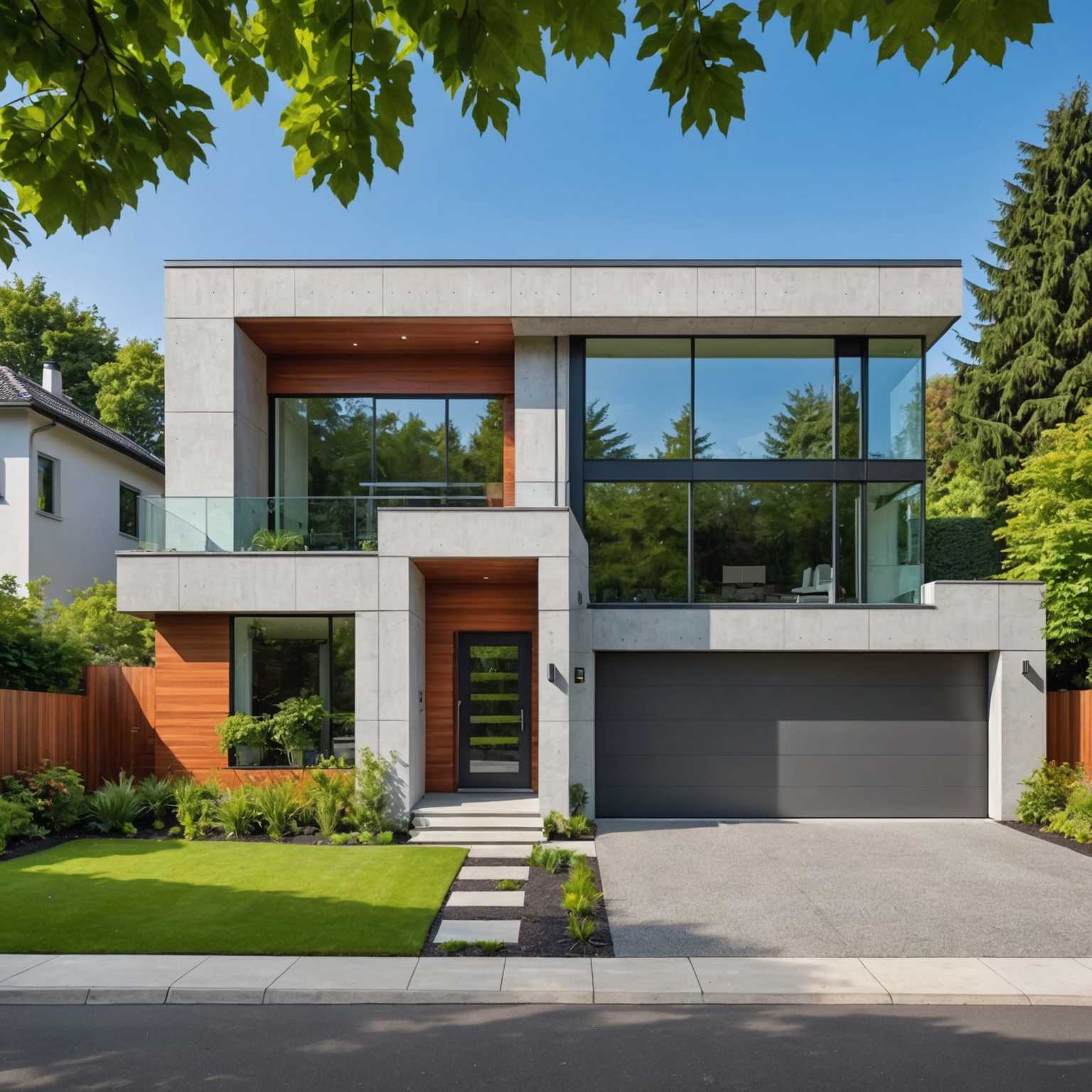 Das Bild zeigt ein atemberaubendes modernes Haus mit einem eleganten architektonischen Design. Die Fassade besteht aus großen Glasfenstern und glatten Betonflächen, die ihm ein zeitgemäßes und elegantes Aussehen verleihen. Das Haus ist von einem gepflegten Garten umgeben, mit saftig grünem Gras, verschiedenen Pflanzen und einigen hohen Bäumen, die Schatten spenden. Die Einfahrt führt zu einer geräumigen Garage mit einer stilvollen Holztür. Der Himmel ist klar mit ein paar fluffigen Wolken, und die Gesamtatmosphäre ist friedlich und einladend.
