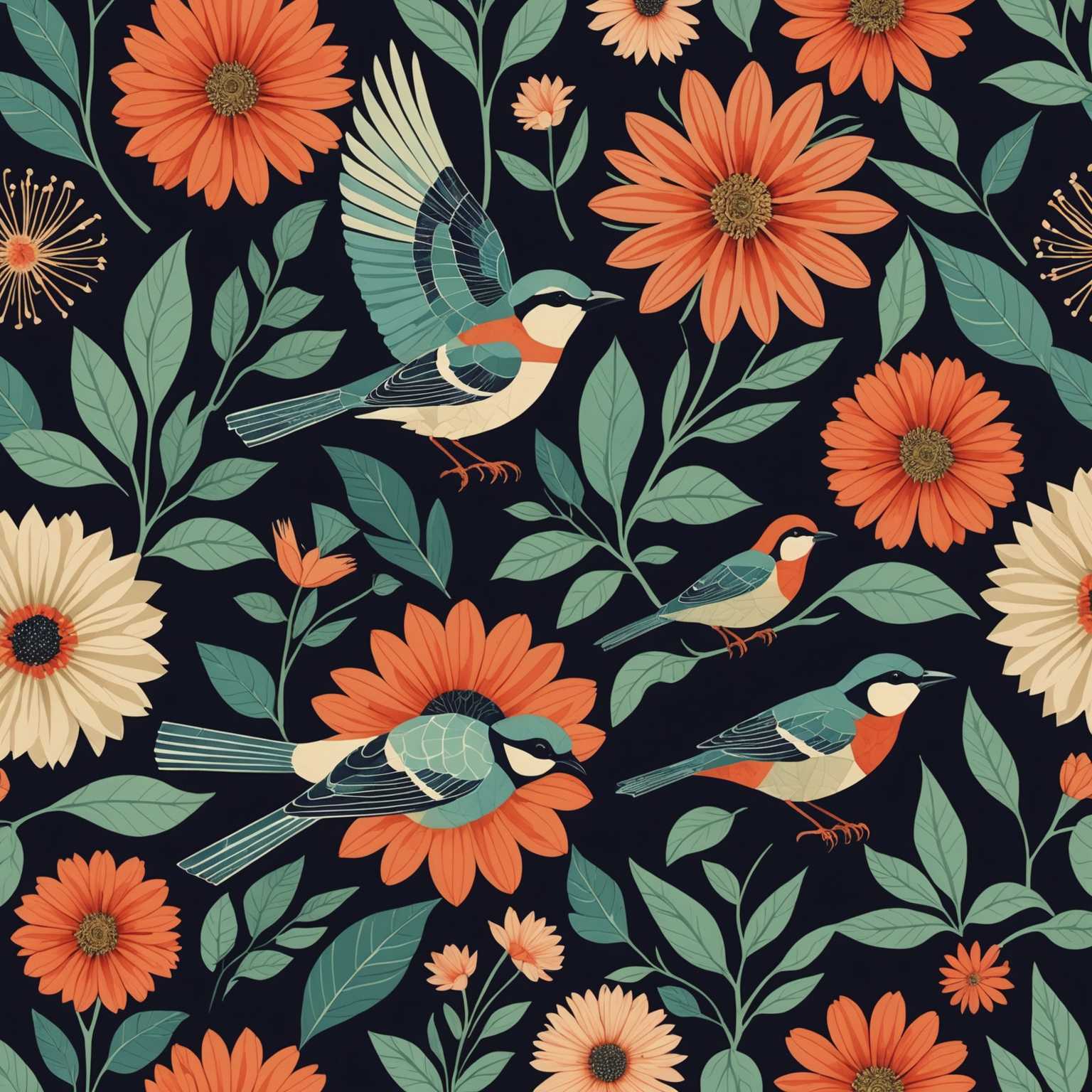 Surreale geometrische Muster sind nahtlos mit Fragmenten der Natur wie Blumen und Vögeln vermischt.