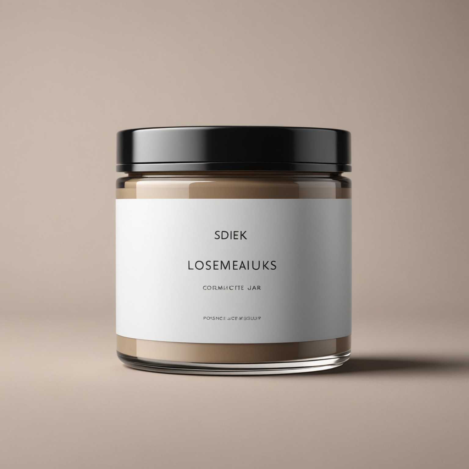 Das Bild zeigt ein hochqualitatives Mockup eines schlanken, minimalistischen Kosmetikglases. Das Glas ist kunstvoll vor einem neutralen, ästhetisch ansprechenden Hintergrund arrangiert. Das Etikett auf dem Glas ist leer und lässt Raum für individuelles Branding. Die Beleuchtung hebt die Texturen und die Form des Glases hervor und schafft ein poliertes, professionelles Aussehen.