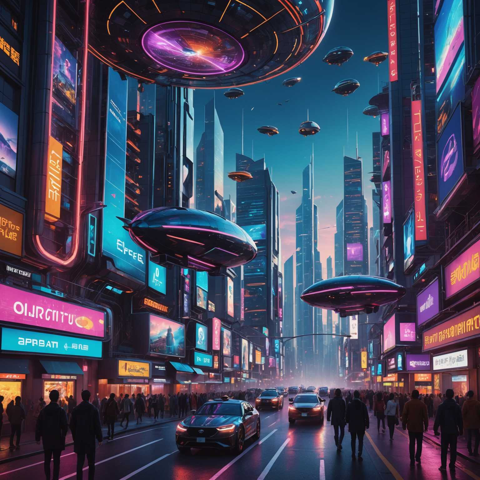 Eine atemberaubende 3D-Szene mit einer futuristischen Stadtlandschaft mit hoch aufragenden Wolkenkratzern, geschmückt mit lebendigen Neonlichtern und komplizierten Designs. Auf den Straßen darunter herrscht reges Treiben mit Menschen und autonomen Fahrzeugen, die von holografischen Werbeanzeigen und Schildern erleuchtet werden. Der Himmel darüber ist von einem tiefen Dämmerungston geprägt, durchzogen von bunten Luftschiffen und Drohnen, die durch die Luft sausen. Spiegelnde Oberflächen an Gebäuden und Straßen fangen die Vielzahl von Farben ein und schaffen ein lebendiges und fesselndes visuelles Erlebnis.