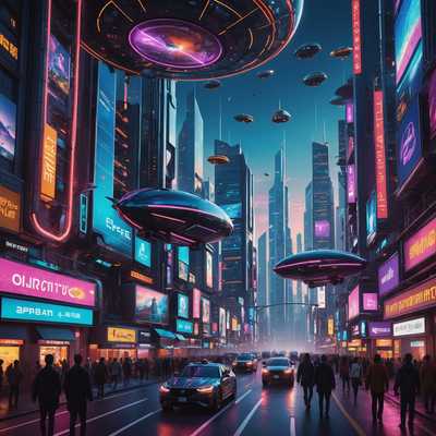 Eine atemberaubende 3D-Szene mit einer futuristischen Stadtlandschaft mit hoch aufragenden Wolkenkratzern, geschmückt mit lebendigen Neonlichtern und komplizierten Designs. Auf den Straßen darunter herrscht reges Treiben mit Menschen und autonomen Fahrzeugen, die von holografischen Werbeanzeigen und Schildern erleuchtet werden. Der Himmel darüber ist von einem tiefen Dämmerungston geprägt, durchzogen von bunten Luftschiffen und Drohnen, die durch die Luft sausen. Spiegelnde Oberflächen an Gebäuden und Straßen fangen die Vielzahl von Farben ein und schaffen ein lebendiges und fesselndes visuelles Erlebnis.