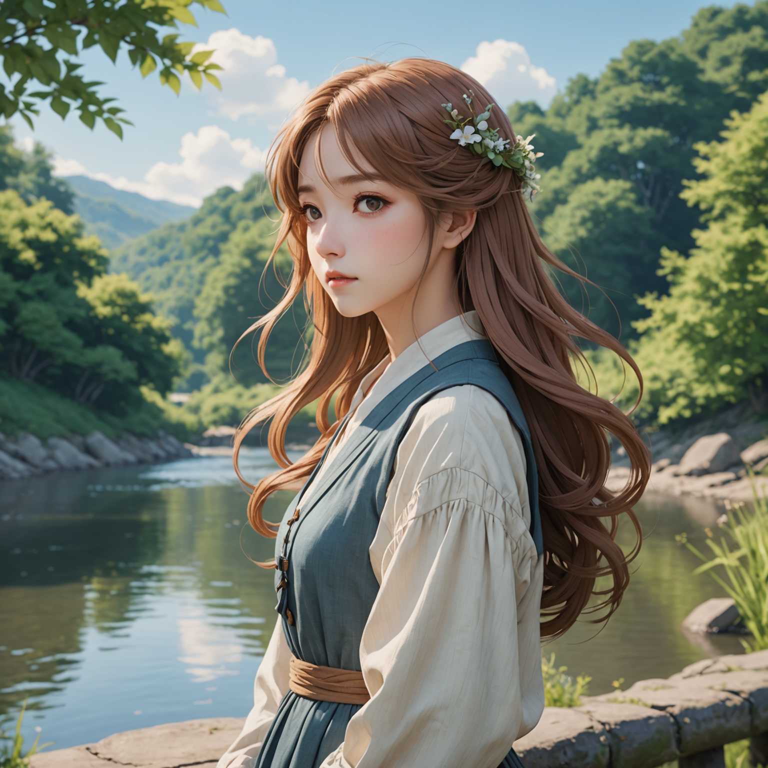Ein Anime-Charakter mit skurrilen, zarten Zügen steht am Flussufer und schaut nachdenklich in die Ferne, während eine sanfte Brise seine fließenden Kleider und Haare rascheln lässt.