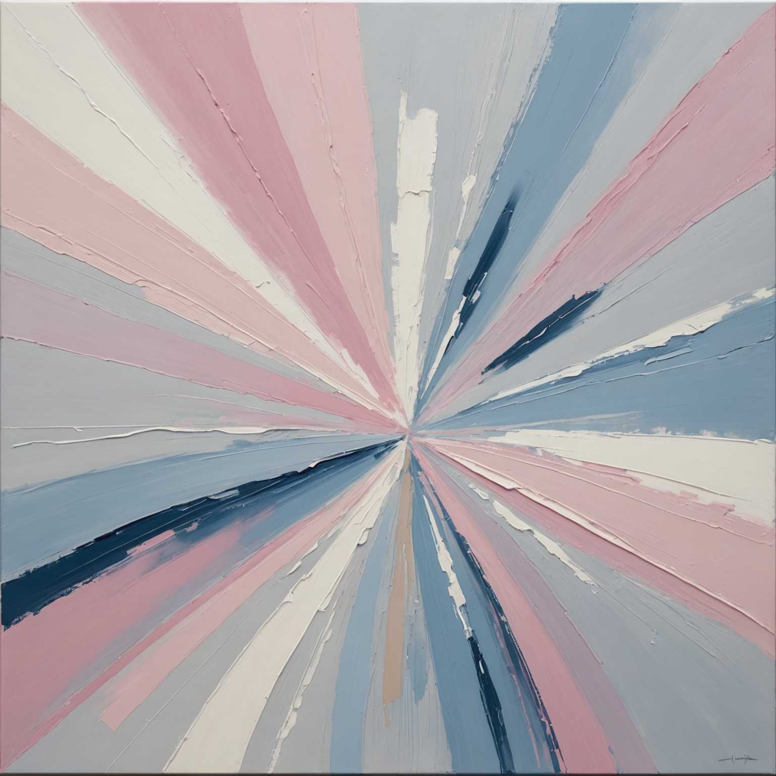 Das Gemälde "Brushstroke Soft Tones" zeigt breite und glatte Pinselstriche, die harmonisch ineinander übergehen. Die Farbpalette besteht überwiegend aus sanften, gedämpften Farben wie Pastellrosa, sanften Blautönen, cremigen Weißtönen und hellen Grautönen. Die Pinselstriche fließen mühelos ineinander und erzeugen eine beruhigende visuelle Wirkung. Die Texturen sind weich und zart, ohne scharfe Linien oder harte Kontraste. Die Gesamtkomposition erscheint abstrakt und konzentriert sich auf das Zusammenspiel von Farben und Texturen, ohne konkrete Objekte oder Szenen darzustellen.