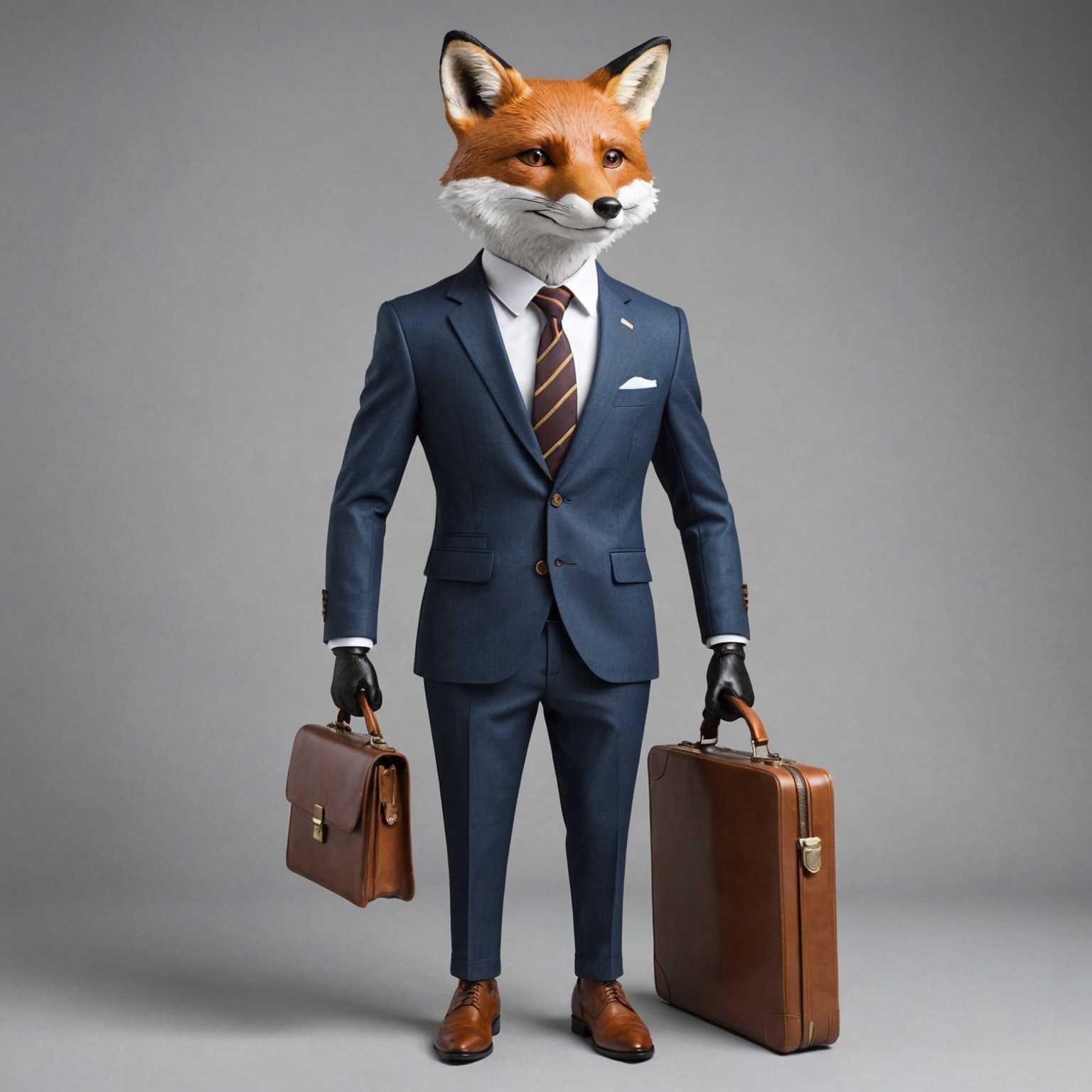 Ein geschäftsorientiertes T-Shirt mit einem schicken Fuchs, der einen maßgeschneiderten Anzug, eine passende Krawatte und ein Hemd trägt. Der Fuchs steht aufrecht und hält einen Aktenkoffer, strahlt Selbstbewusstsein und Professionalität aus. Das Design ist stilvoll und verbindet Elemente von Mode und Kunst, wobei die natürlichen Attribute des Tieres mit formeller Geschäftskleidung verschmelzen.