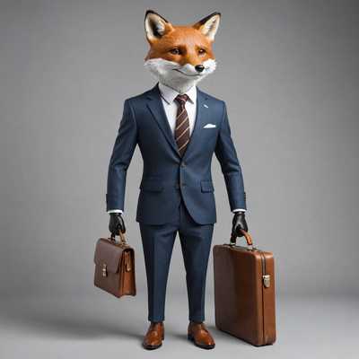 Ein geschäftsorientiertes T-Shirt mit einem schicken Fuchs, der einen maßgeschneiderten Anzug, eine passende Krawatte und ein Hemd trägt. Der Fuchs steht aufrecht und hält einen Aktenkoffer, strahlt Selbstbewusstsein und Professionalität aus. Das Design ist stilvoll und verbindet Elemente von Mode und Kunst, wobei die natürlichen Attribute des Tieres mit formeller Geschäftskleidung verschmelzen.