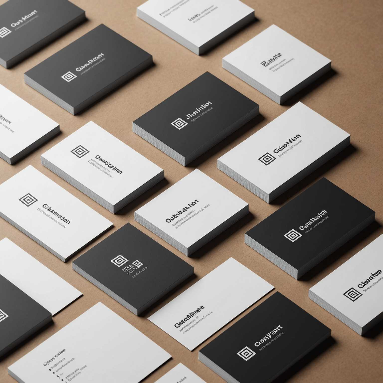 Das Bild zeigt ein professionelles Mockup von Visitenkarten. Die Karten sind auf visuell ansprechende Weise angeordnet, einige liegen flach, andere sind leicht geneigt, um verschiedene Winkel zu zeigen. Der Hintergrund ist neutral, möglicherweise ein Schreibtisch oder eine minimalistische Oberfläche, um den Fokus auf die Visitenkarten zu lenken. Die Karten haben ein elegantes Design, mit einer Kombination aus moderner Typografie und klaren Grafiken. Einige Karten zeigen eine Vorderansicht mit einem Firmenlogo, Namen und Berufsbezeichnung, während andere die Rückansicht mit Kontaktdaten und Social-Media-Icons enthüllen. Das Licht ist weich und erzeugt subtile Schatten, die den dreidimensionalen Aspekt des Mockups betonen.