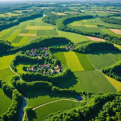 Ein weitläufiger Luftblick auf eine malerische Landschaft mit grünen Feldern, die sich bis zum Horizont erstrecken. Glitzernde Flüsse und Bäche durchziehen das üppige Gelände. Dichte Wälder bieten einen Kontrast zu den sanften Wiesen. Kleine Häuser und Bauernhöfe mit roten und weißen Dächern sind verstreut. Gewundene Straßen verbinden entlegene Dörfer. In der Ferne erheben sich majestätische Berge mit schneebedeckten Gipfeln und leichtem Nebel. Der Himmel ist strahlend blau mit weißen Wolken, die weiche Schatten werfen. Insgesamt eine ruhige und atemberaubende Szene aus der Vogelperspektive.