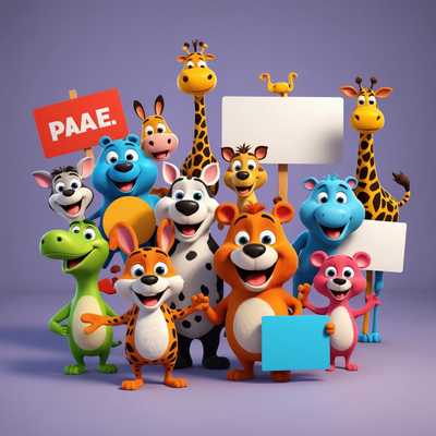 Das Bild zeigt eine Gruppe von lebhaften, animierten 3D-Cartoon-Tieren, die jeweils ein leeres Schild halten. Die Tiere sind in einem verspielten und farbenfrohen Stil gerendert, mit ausdrucksstarken Gesichtern und skurrilen Details. Sie sind in einer fröhlichen, dynamischen Pose positioniert und scheinen darauf erpicht zu sein, eine Botschaft auf ihren Schildern zu übermitteln. Der Hintergrund ist einfach gehalten, um den Fokus auf die Charaktere und ihre Schilder zu richten.