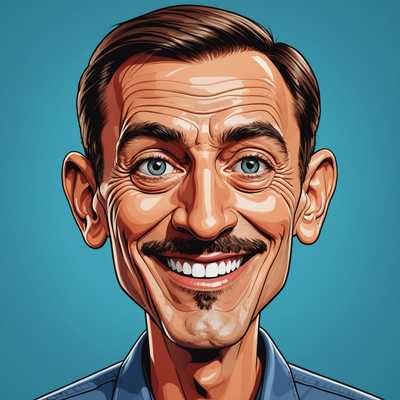 Eine humorvolle Karikatur eines berühmten Prominenten mit übertriebenen Gesichtszügen, wie einem übergroßen Kopf, einer markanten Nase und großen, ausdrucksstarken Augen. Die Illustration zeigt eine verspielte und übertriebene Darstellung des Prominenten, wobei markante Merkmale betont werden, um ein erkennbares, aber skurril verzerrtes Bild zu schaffen. Der Hintergrund ist einfach und unauffällig und sorgt dafür, dass der Fokus auf der Karikatur bleibt. Der Stil des Kunstwerks ist lebendig und farbenfroh, mit kräftigen Linien und einer cartoonartigen Qualität. Der Prominente ist in einer entspannten, lässigen Pose dargestellt, möglicherweise mit einem Hauch eines übertriebenen Lächelns oder eines skurrilen Ausdrucks, was den komischen Effekt noch verstärkt.