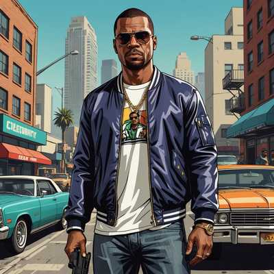 Das Bild zeigt eine berühmte Persönlichkeit, die im charakteristischen Stil von Grand Theft Auto V illustriert ist. Das Aussehen der Berühmtheit ist mit lebendigen Farben und übertriebenen, scharfen Details stilisiert. Der Hintergrund umfasst Elemente mit einem städtischen, düsteren ästhetischen Eindruck, wie Stadtlandschaften oder Fahrzeuge. Die Kleidung und Accessoires der Berühmtheit spiegeln einen modernen, kantigen Look wider, der den Themen des Spiels entspricht.