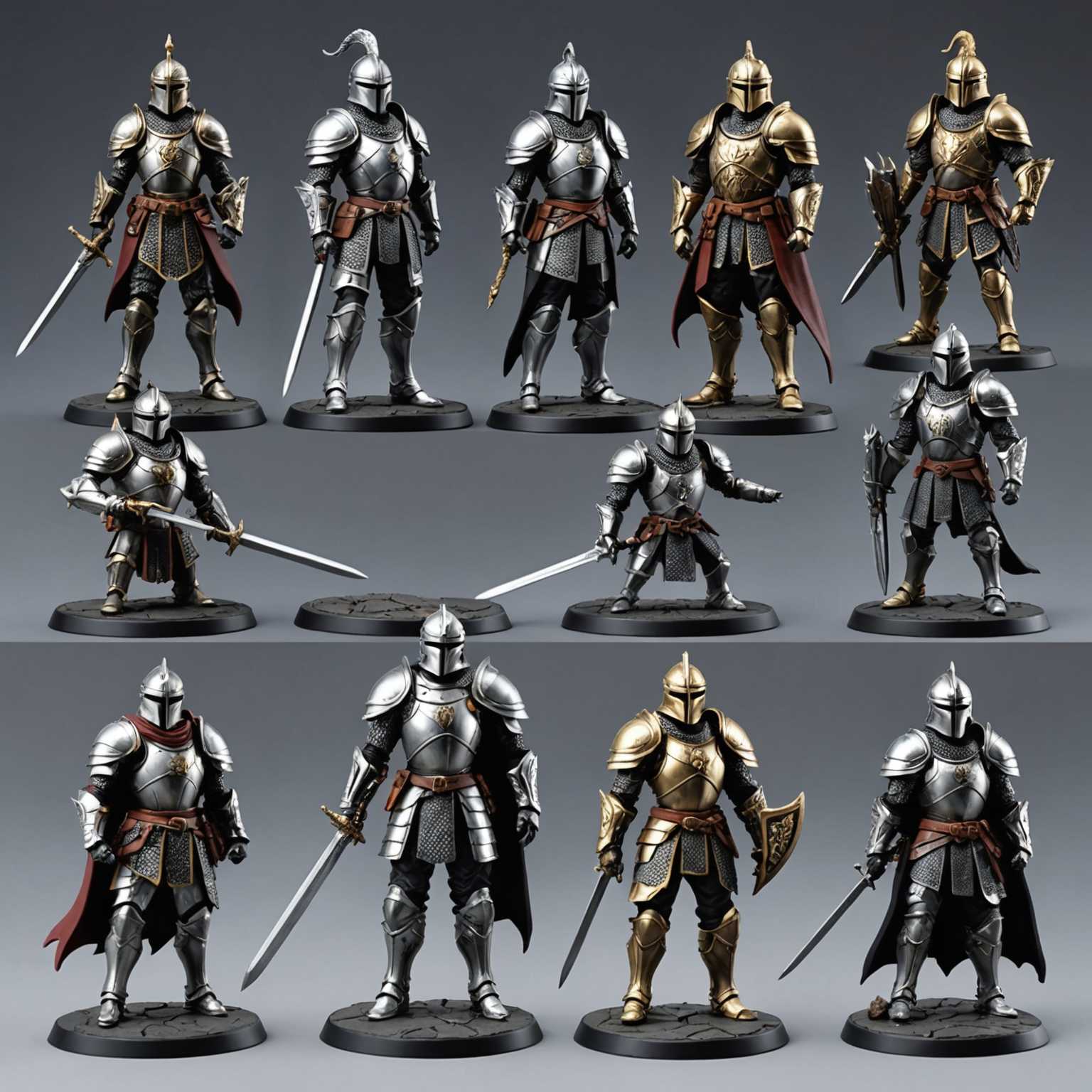Das Bild zeigt eine Reihe von hochdetaillierten 3D-Figuren, die jeweils einzigartige Charaktere darstellen. Jede Figur hat eine unterschiedliche Pose, Mimik und aufwendige Details auf ihren Kostümen und Accessoires. Ein Charakter könnte ein gepanzerter Ritter sein, der ein Schwert hält, ein anderer ein futuristischer Sci-Fi-Held mit fortschrittlicher Bewaffnung, während ein anderer ein Fantasiewesen wie ein Drache oder ein Elf sein könnte, mit aufwendigen Körpermerkmalen und magischen Elementen. Die Farben sind lebendig und die Texturen verleihen den Figuren ein realistisches Gefühl. Der Hintergrund ist einfach und unauffällig, sodass die gesamte Aufmerksamkeit auf den Charakteren liegt.