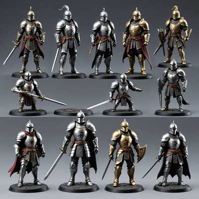 Das Bild zeigt eine Reihe von hochdetaillierten 3D-Figuren, die jeweils einzigartige Charaktere darstellen. Jede Figur hat eine unterschiedliche Pose, Mimik und aufwendige Details auf ihren Kostümen und Accessoires. Ein Charakter könnte ein gepanzerter Ritter sein, der ein Schwert hält, ein anderer ein futuristischer Sci-Fi-Held mit fortschrittlicher Bewaffnung, während ein anderer ein Fantasiewesen wie ein Drache oder ein Elf sein könnte, mit aufwendigen Körpermerkmalen und magischen Elementen. Die Farben sind lebendig und die Texturen verleihen den Figuren ein realistisches Gefühl. Der Hintergrund ist einfach und unauffällig, sodass die gesamte Aufmerksamkeit auf den Charakteren liegt.