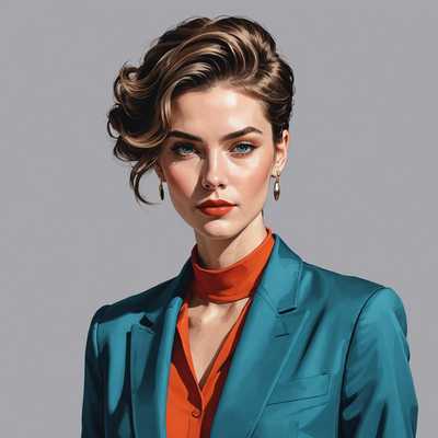 Ein stilvoll illustriertes Porträt einer Person mit schicker Frisur, die trendige Kleidung trägt und eine modische Ausstrahlung hat. Der Hintergrund ist minimalistisch und lenkt die Aufmerksamkeit auf die detaillierten Merkmale und die moderne Kleidung des Individuums. Die Farben sind lebendig und harmonisch und verstärken den ästhetischen Gesamteindruck. Der Gesichtsausdruck der Person ist selbstbewusst und spiegelt ein Gefühl von Raffinesse und Eleganz wider.