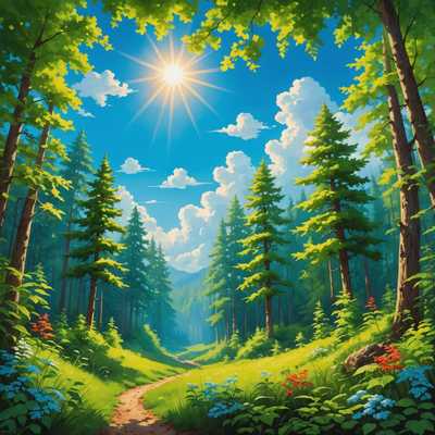Eine fantasievolle Szene mit einem hellblauen Himmel und einigen flauschigen weißen Wolken in einem üppigen, lebendigen Wald. Die Sonne scheint fröhlich und wirft einen warmen Glanz über die gesamte Szene.