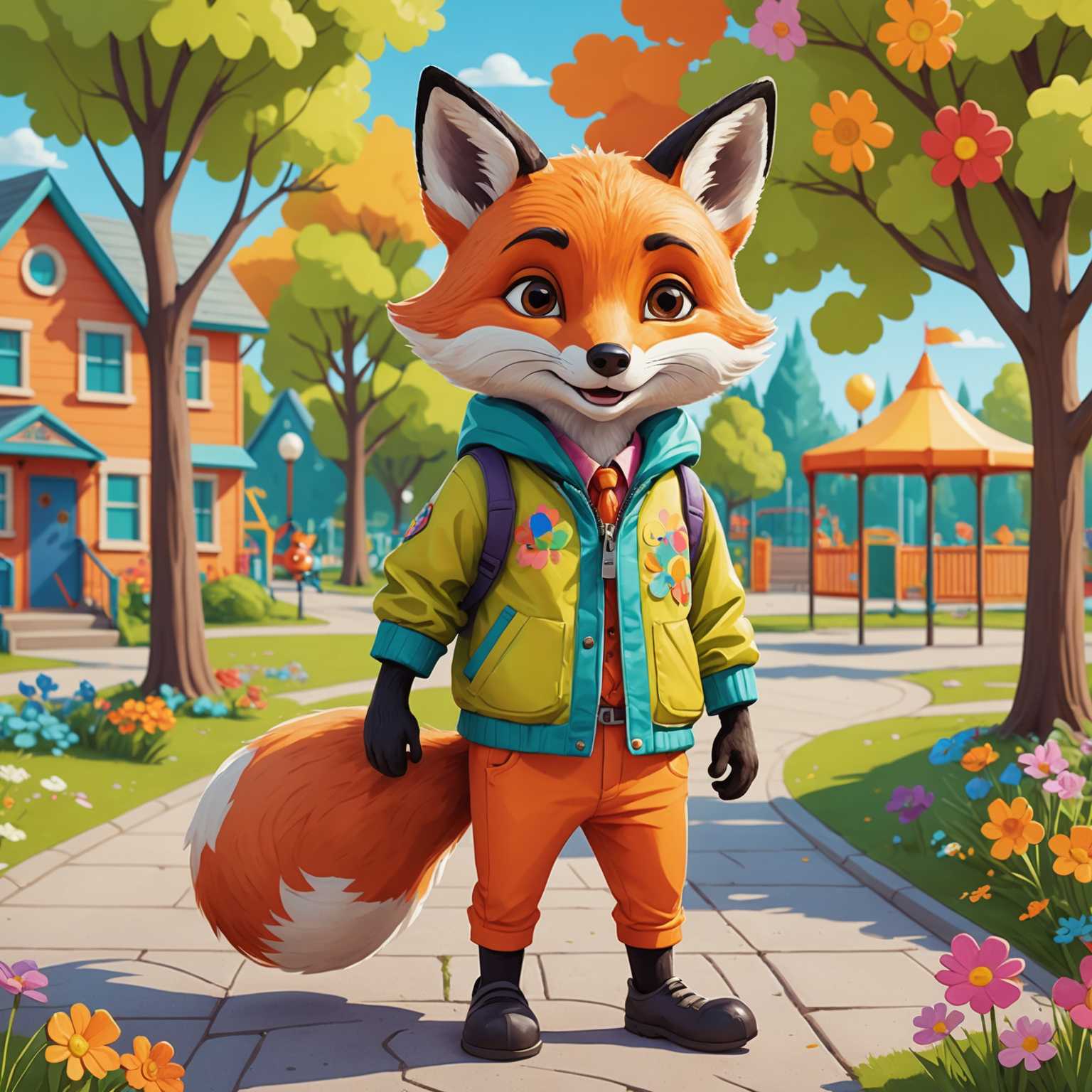 Ein skurriles, cartoonartiges Bild eines Fuchses in einer hellen Jacke und Hose. Der Fuchs hat einen fröhlichen Ausdruck mit großen, ausdrucksstarken Augen. Der Hintergrund ist lebhaft und verspielt, möglicherweise mit Elementen wie einem Park oder einem Schulhof, gefüllt mit lebendigen Farben und verspielten Details wie Bäumen, Blumen und Spielplatzgeräten.