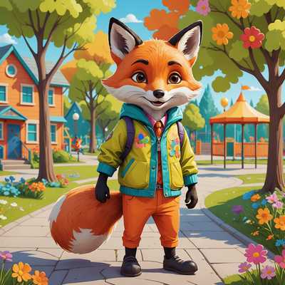 Ein skurriles, cartoonartiges Bild eines Fuchses in einer hellen Jacke und Hose. Der Fuchs hat einen fröhlichen Ausdruck mit großen, ausdrucksstarken Augen. Der Hintergrund ist lebhaft und verspielt, möglicherweise mit Elementen wie einem Park oder einem Schulhof, gefüllt mit lebendigen Farben und verspielten Details wie Bäumen, Blumen und Spielplatzgeräten.