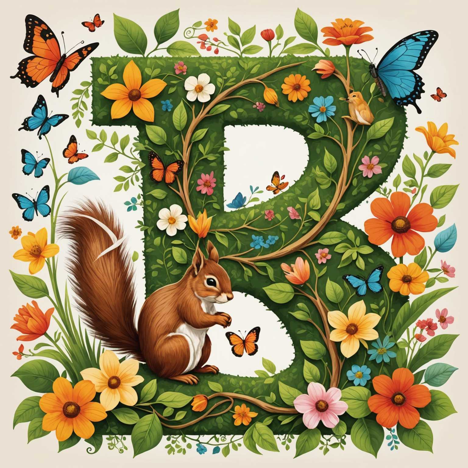 Die Illustration zeigt einen verspielten Buchstaben 'A', der aus Baumstämmen und Ästen geformt ist und mit lebhaften Blättern und Blumen verziert ist. Rund um den Buchstaben spielen Tiere wie ein Eichhörnchen, ein Vogel, ein Hase und ein Schmetterling, die harmonisch mit den Naturelementen interagieren. Das Gesamtthema ist fröhlich und kinderfreundlich, wobei Elemente der Natur nahtlos mit der Buchstabenform verschmelzen.