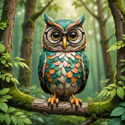 Eine weise Eule mit runden Brillen sitzt auf einem Ast in einem üppigen grünen Wald. Sie ist in einem weichen, skurrilen Cartoon-Stil mit lebhaften Farben und ausdrucksstarkem Gesicht dargestellt.