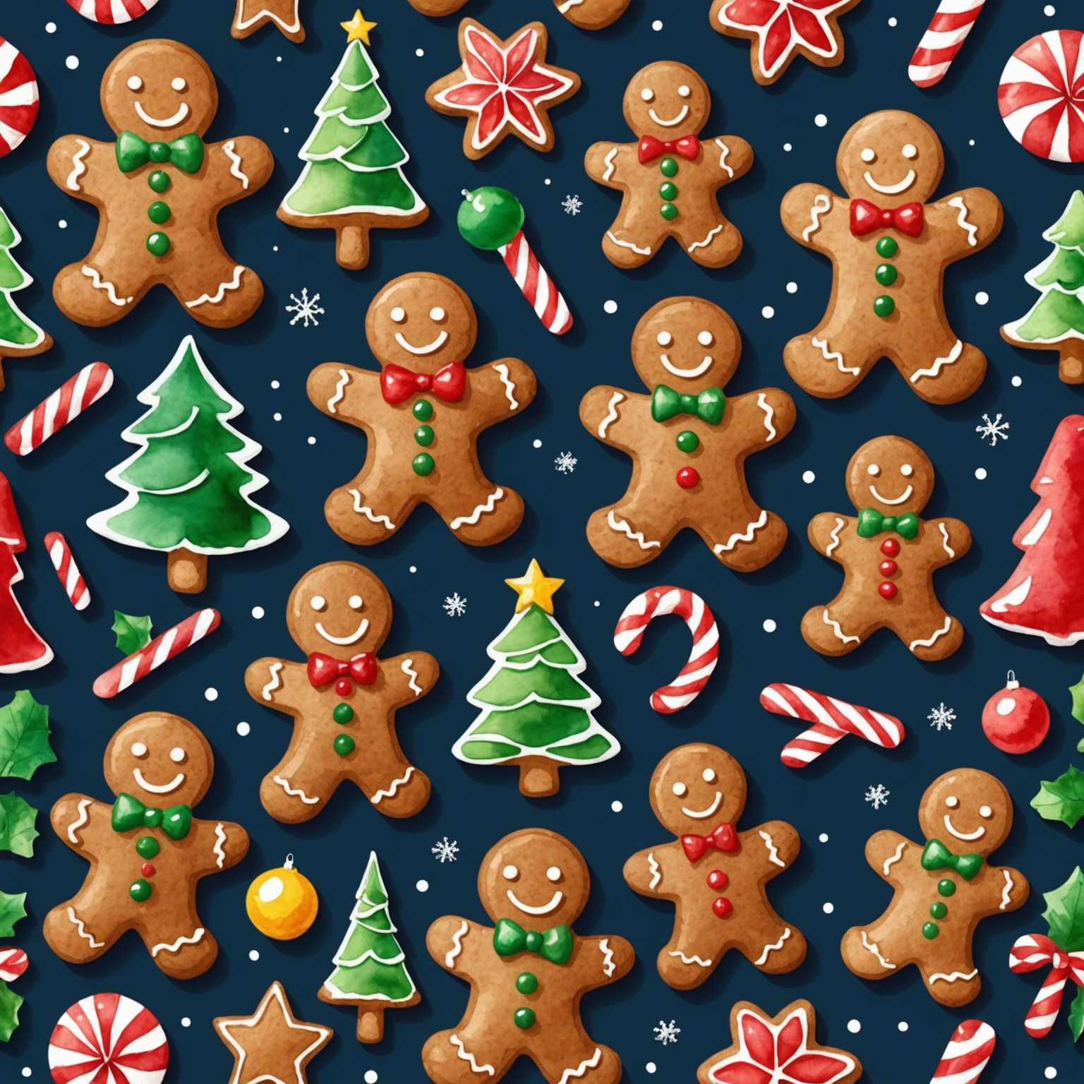 Ein Aquarellbild eines Lebkuchenmanns als Teil einer Sammlung von weihnachtlichen Symbolen.