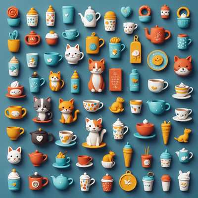 Bunte Cartoon-Katzen und Teegeschirr auf Blau