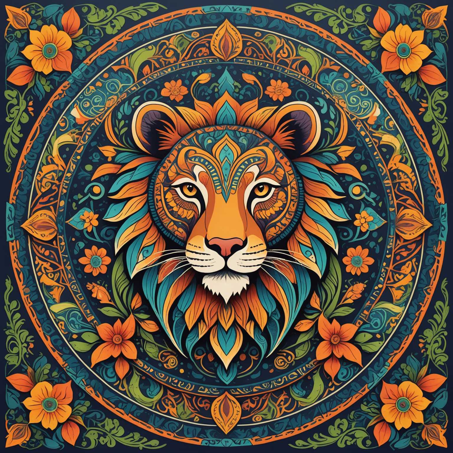 Ein lebendiges, kunstvoll gestaltetes Mandala, das eine abstrakte Darstellung verschiedener Tiere zeigt. Das Design ist reich an Farben und Mustern und zeigt eine harmonische Mischung aus Natur- und Tiermotiven im Boho-Stil. Die Details umfassen Blumenmuster, geometrische Formen und aufwendige Linienarbeit, die zu einem zusammenhängenden, dekorativen Stück verschmelzen, wobei die Tiere nahtlos in das Mandala integriert sind.