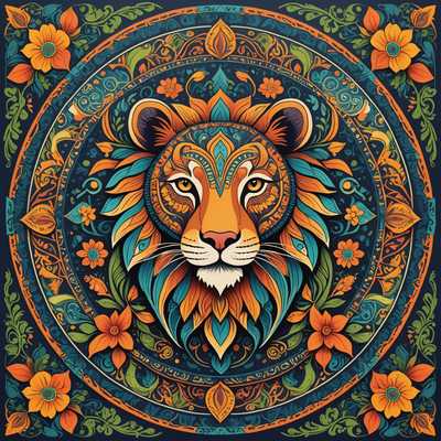 Ein lebendiges, kunstvoll gestaltetes Mandala, das eine abstrakte Darstellung verschiedener Tiere zeigt. Das Design ist reich an Farben und Mustern und zeigt eine harmonische Mischung aus Natur- und Tiermotiven im Boho-Stil. Die Details umfassen Blumenmuster, geometrische Formen und aufwendige Linienarbeit, die zu einem zusammenhängenden, dekorativen Stück verschmelzen, wobei die Tiere nahtlos in das Mandala integriert sind.