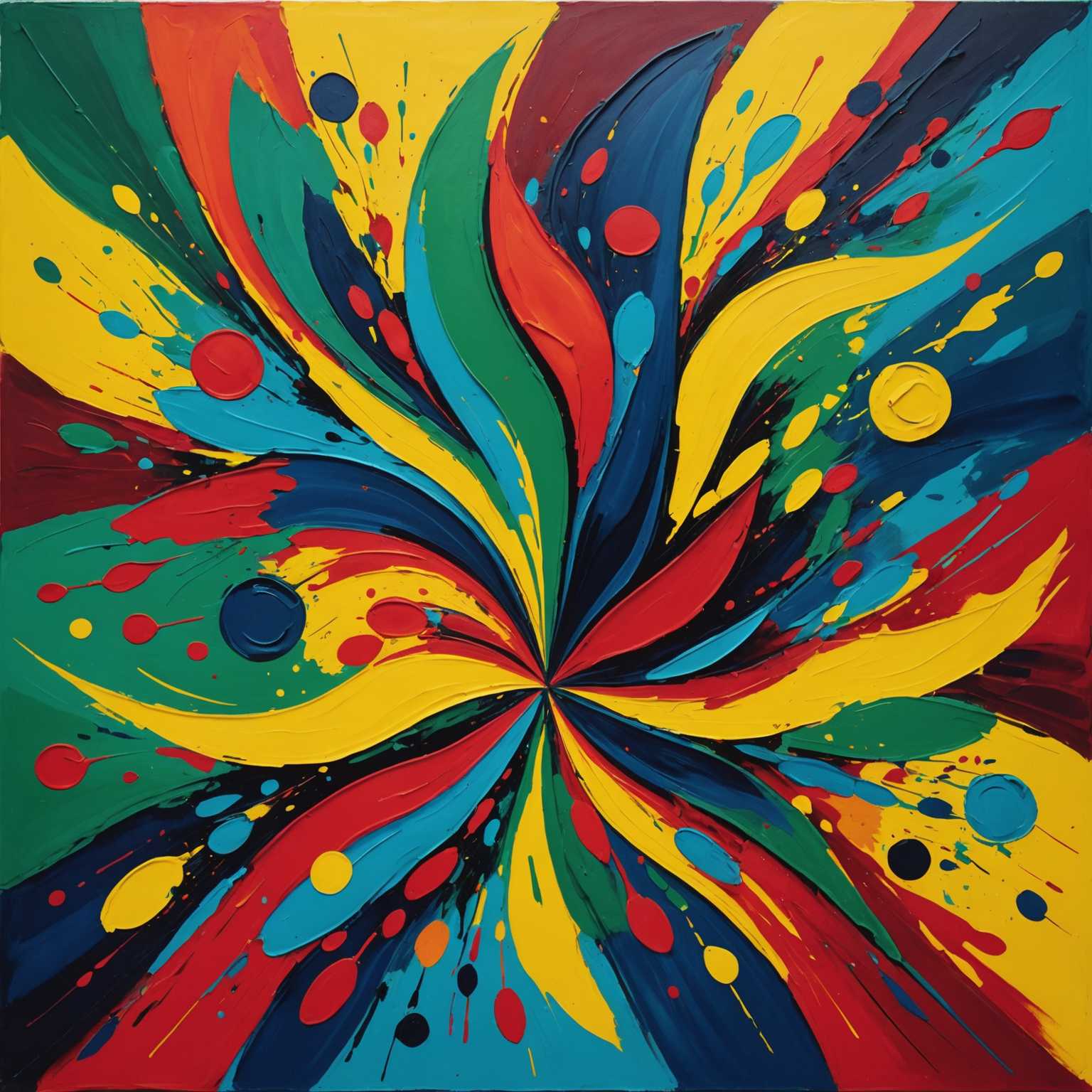 Die Bild zeigt ein lebendiges, buntes Plakat im expressionistischen Stil. Das Plakat ist eine abstrakte Komposition, die mit kräftigen Pinselstrichen und lebhaften Farbtönen, von tiefen Rottönen und Blau bis hin zu hellen Gelb- und Grüntönen, gestaltet ist. Die Formen und Figuren im Plakat sind fließend und dynamisch und vermitteln ein Gefühl von Bewegung und Emotion. Der Hintergrund ist vielfarbig und texturiert, während zentrale Elemente verzerrte oder übertriebene Gesichter oder Objekte in einem stilisierten Manier umfassen. Insgesamt vermittelt das Kunstwerk eine energiegeladene und emotive Atmosphäre und fängt das Wesen der expressionistischen Kunst ein.