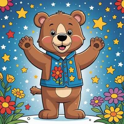 Das Bild zeigt eine freundliche, niedliche Cartoon-Zeichnung, die für ein Malbuch für Kinder entworfen wurde. Es gibt eine lächelnde Tierfigur, möglicherweise einen Bären, der aufrecht steht und mit einer Pfote winkt. Der Bär hat große, ausdrucksstarke Augen, eine kleine, runde Nase und ein großes, fröhliches Lächeln. Um den Bären herum sind einige spielerische Elemente wie Sterne, Herzen und Blumen verstreut, die die verspielte und fröhliche Atmosphäre verstärken. Die Umrisse sind fett und klar, was es Kleinkindern erleichtert, innerhalb der Linien zu malen. Die gesamte Szene ist einfach, fröhlich und einladend für kleine Kinder.