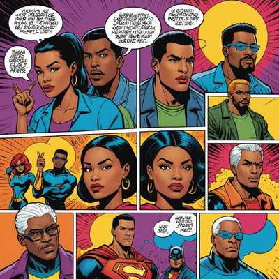 Das Bild zeigt ein einzelnes Comic-Panel mit ausdrucksstarken Charakteren in kräftigen Umrissen und lebendigen Farben. Der Hintergrund ist dynamisch gestaltet und mit Sprechblasen sowie Soundeffekten versehen, die die Actionszene oder den Dialog unterstreichen. Der Cartoon-Stil ist lebhaft und visuell eindrucksvoll.