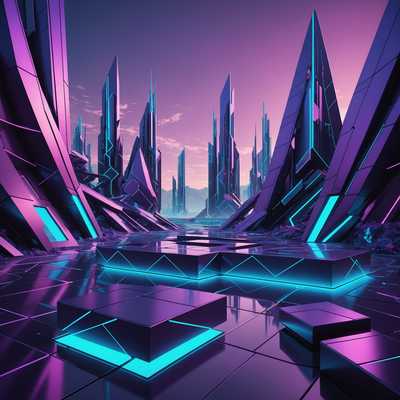 Das Bild zeigt eine futuristische, konzeptionelle 3D-Landschaft mit einer Kombination aus geometrischen Formen und abstrakten Elementen. Es gibt schlanke, metallische Strukturen, die scheinbar unendlich weit reichen und ein Gefühl von Tiefe und Immersion erzeugen. Die Farbpalette umfasst eine Mischung aus kühlen Blautönen, lebendigen Violetttönen und Neonlichtern, die dem Bild ein modernes und hochmodernes Aussehen verleihen. Im Hintergrund gibt es einen Farbverlaufshimmel, der von dunklen zu hellen Schattierungen übergeht und zur ätherischen und anderenweltlichen Atmosphäre beiträgt. Die gesamte Szene ist poliert, dynamisch und visuell beeindruckend, was sie als Hintergrund oder Tapete geeignet macht.