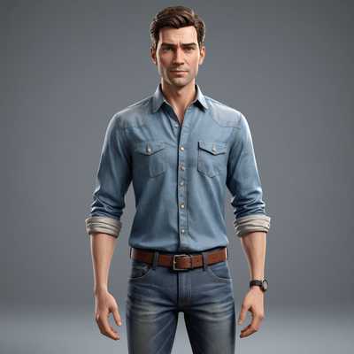 Das Bild zeigt eine hochdetaillierte und realistische 3D-Charakterillustration. Die Figur ist ein Mensch mit lebensechten Merkmalen, einschließlich ausdrucksstarker Augen, gut definierter Gesichtsstruktur und realistischer Hauttextur. Die Figur ist in moderne, lässige Kleidung gekleidet, inklusive eines eng anliegenden Hemdes und Jeans. Die Kleidung hat realistische Falten und Stofftexturen. Der Hintergrund ist minimal und lenkt nicht von der Konzentration auf die Figur ab. Die Figur ist in einer natürlichen, entspannten Haltung posiert, mit einer Hand vielleicht an der Hüfte und der anderen an der Seite herabhängend. Das Licht in der Szene ist weich und gleichmäßig und hebt die detaillierten Texturen und Konturen des Körpers und der Kleidung der Figur hervor.