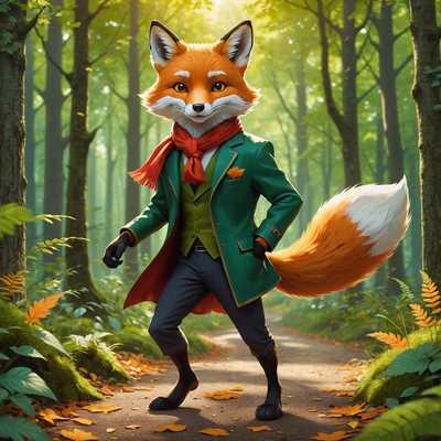 In dem Bild gibt es eine bunte, lebendige Szene mit mehreren animeartigen Tierfiguren. Im Zentrum steht ein schlanker, anthropomorpher Fuchs mit leuchtend feuerrotem Fell und einem buschigen Schwanz, der selbstbewusst dasteht. Der Fuchs trägt ein stylisches Outfit bestehend aus einer dunklen Jacke und Hose, komplett mit einem roten Schal, der im Wind flattert. Links davon hält ein fröhlicher, pummeliger Panda mit großen, ausdrucksvollen Augen und einem breiten Grinsen einen Bambusstock und ist in traditioneller Kampfkunstkleidung gekleidet. Auf der rechten Seite sitzt eine schleifische, flinke Katze mit blauem Fell und einem spielerischen Grinsen auf einem Ast, gekleidet in ein Ninja-Outfit mit einem Stirnband und einem Kunai in der Hand. Der Hintergrund zeigt einen üppigen, grünen Wald mit geflecktem Sonnenlicht, das durch die Blätter filtert, und schafft eine märchenhafte und abenteuerliche Atmosphäre.