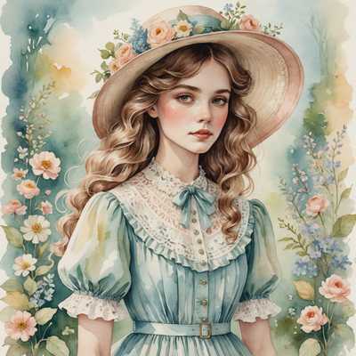 Eine sanfte Aquarellillustration, die eine junge Frau in Vintage-Kleidung zeigt. Sie trägt ein pastellfarbenes, frilly Kleid mit Spitzen-Details und Puffärmeln. Ihr Haar ist in lockeren Locken gestylt, und sie trägt einen breitrandigen Hut, der mit Blumen geschmückt ist. Der Hintergrund besteht aus hellen Pastelltönen mit zarten Blumenmustern, was einen verträumten und skurrilen Eindruck vermittelt. Das Gesamtbild ist retro, romantisch und feminin.
