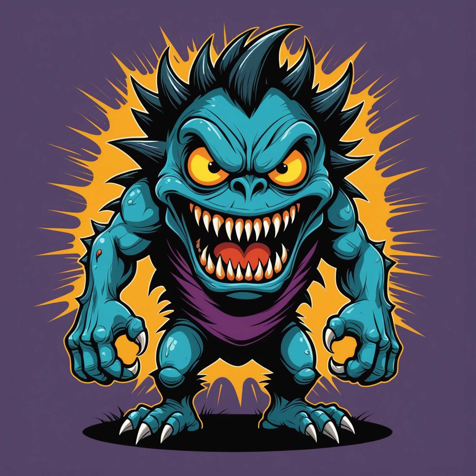 Das Bild zeigt ein Cartoon-T-Shirt-Design mit einem gruseligen Monster, das übertriebene Merkmale wie große, scharfe Zähne, hervorquellende Augen und stachelige Haare aufweist. Das Monster hat einen bedrohlichen Ausdruck und erscheint in einer dynamischen Pose, die dem Design ein Gefühl von Bewegung verleiht. Der Hintergrund des T-Shirts ist eine kontrastierende Farbe, die die Lebendigkeit des Cartoon-Monsters hervorhebt und es auffällig macht. Die Gesamtästhetik ist kühn und auffällig, mit der Absicht, gleichzeitig Angst und Spaß zu erzeugen.