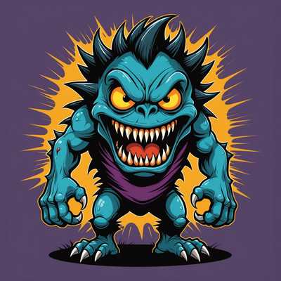 Das Bild zeigt ein Cartoon-T-Shirt-Design mit einem gruseligen Monster, das übertriebene Merkmale wie große, scharfe Zähne, hervorquellende Augen und stachelige Haare aufweist. Das Monster hat einen bedrohlichen Ausdruck und erscheint in einer dynamischen Pose, die dem Design ein Gefühl von Bewegung verleiht. Der Hintergrund des T-Shirts ist eine kontrastierende Farbe, die die Lebendigkeit des Cartoon-Monsters hervorhebt und es auffällig macht. Die Gesamtästhetik ist kühn und auffällig, mit der Absicht, gleichzeitig Angst und Spaß zu erzeugen.