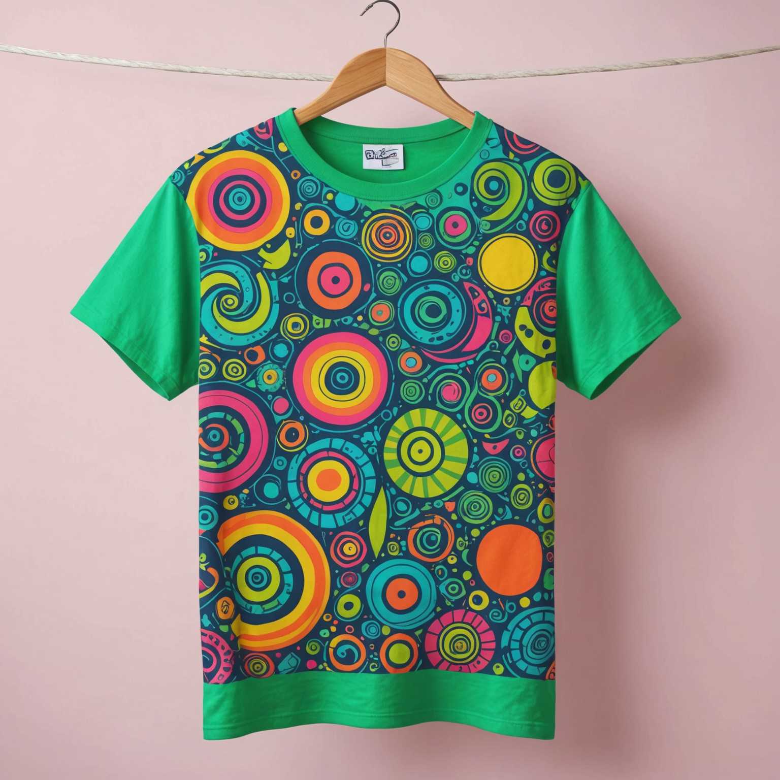Eine leuchtend bunte T-Shirt-Kollektion, die an einer Wäscheleine hängt. Jedes T-Shirt weist verspielte und exzentrische Muster auf, darunter lebhafte Wirbel, kühne geometrische Formen, fröhliche Cartoon-Charaktere und ausgefallene abstrakte Kunst. Die lebhaften Farben reichen von Neon-Grün und Pink bis hin zu elektrisierendem Blau und Orange und schaffen ein visuell auffälliges und chaotisches Ensemble. Die T-Shirts sind unter einem klaren, sonnigen Himmel mit ein paar flauschigen weißen Wolken im Hintergrund zu sehen.