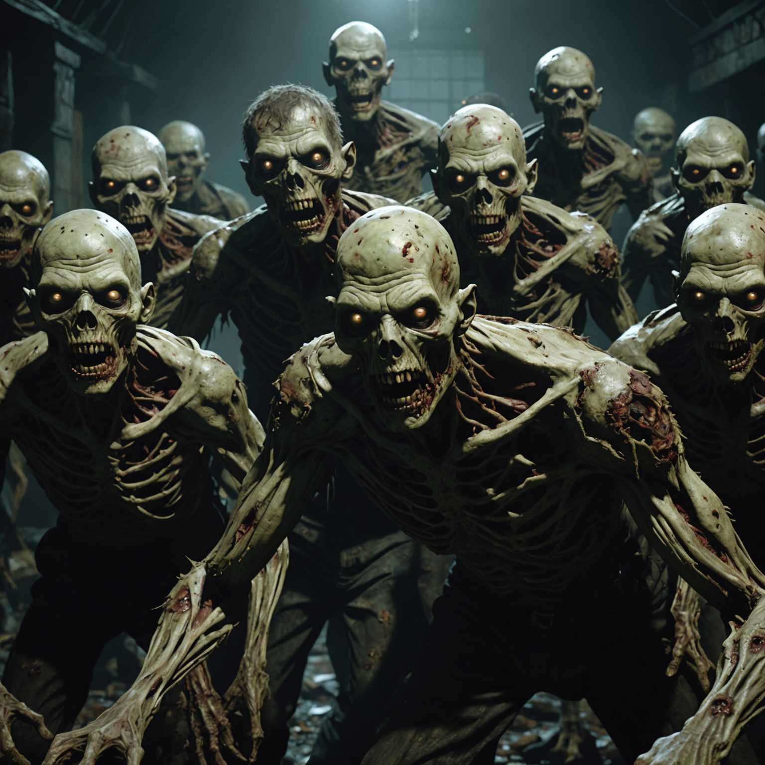 Das Bild zeigt furchterregende Zombies und Horrormonster in 3D. Die Szene ist dunkel und unheimlich, mit Kreaturen, die gruselige und erschreckende Erscheinungen haben. Die Zombies haben verfallene, verrottende Haut, fehlende Gliedmaßen und tief eingesunkene, hohle Augen, während die Horrormonster groteske Deformitäten und bedrohliche Ausdrücke aufweisen. Der Hintergrund verstärkt die unheilvolle Atmosphäre, möglicherweise mit schwacher Beleuchtung, Nebel oder einer verlassenen, verhexten Umgebung. Das Gesamtbild erzeugt Gefühle von Angst und Schrecken und eignet sich perfekt für ein gruseliges Spielsetting.
